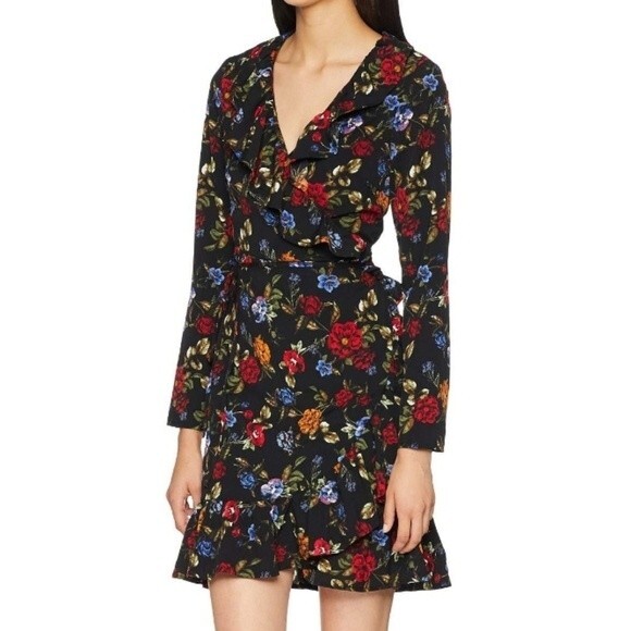 KENSIE Floral print wrap dress ruffle accent long sleeve v-neck black size M new - Picture 1 of 13